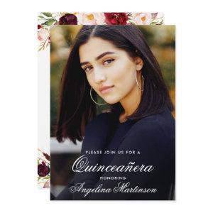 Watercolor Burgundy Floral Gold Quinceanera Photo