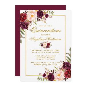 Watercolor Burgundy Floral Quinceanera Gold