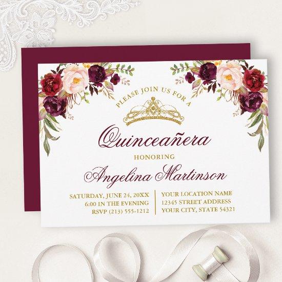 Watercolor Burgundy Floral Quinceanera Party