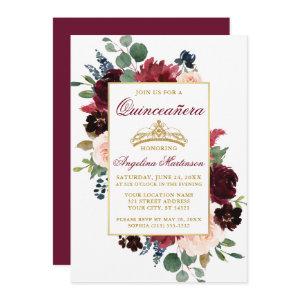 Watercolor Burgundy Pink Floral Gold Quinceanera