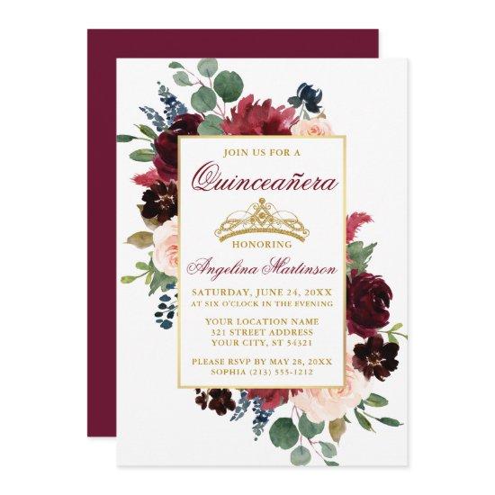 Watercolor Burgundy Pink Floral Gold Quinceanera