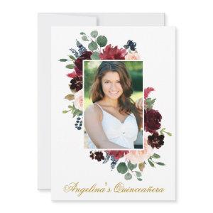 Watercolor Burgundy Pink Floral Photo Quinceanera