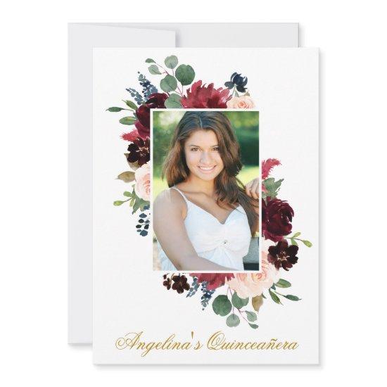 Watercolor Burgundy Pink Floral Photo Quinceanera