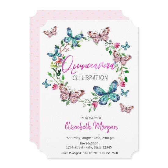 Watercolor Butterflies Pink Dots Quinceanera