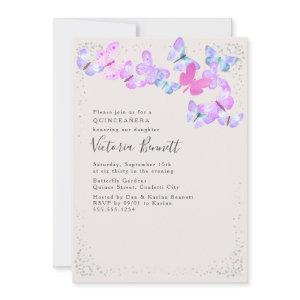 Watercolor Butterflies Silver Confetti Quinceanera