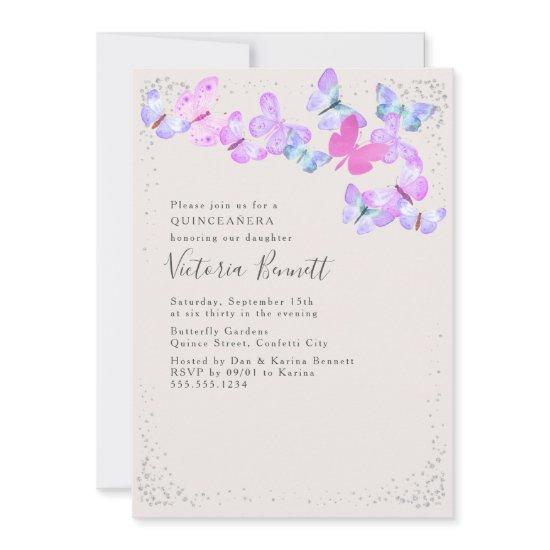 Watercolor Butterflies Silver Confetti Quinceanera