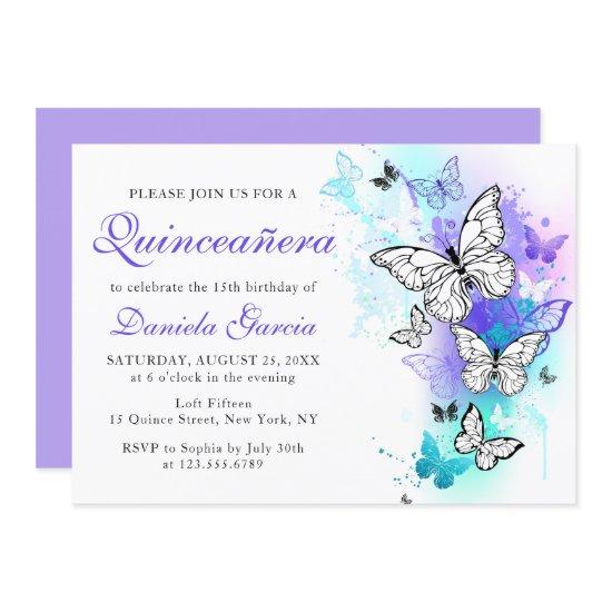 Watercolor Butterfly Purple Turquoise Quinceañera