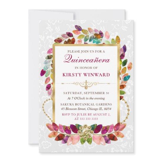 Watercolor Colorful Leaves & Gold Foil Quinceanera