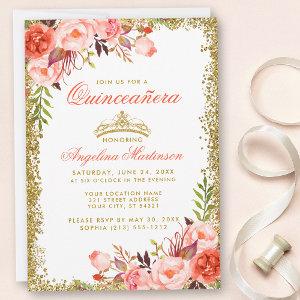 Watercolor Coral Floral Gold Glitter Quinceanera