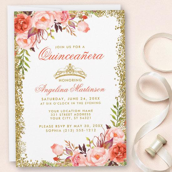 Watercolor Coral Floral Gold Glitter Quinceanera