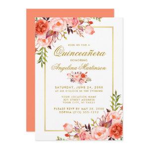 Watercolor Coral Floral Quinceanera Gold Frame