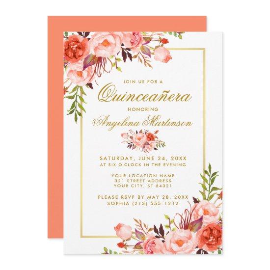 Watercolor Coral Floral Quinceanera Gold Frame