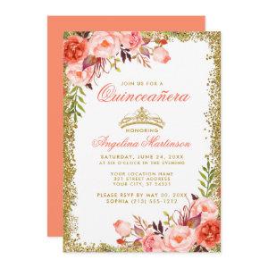 Watercolor Coral Floral Quinceanera Gold Glitter