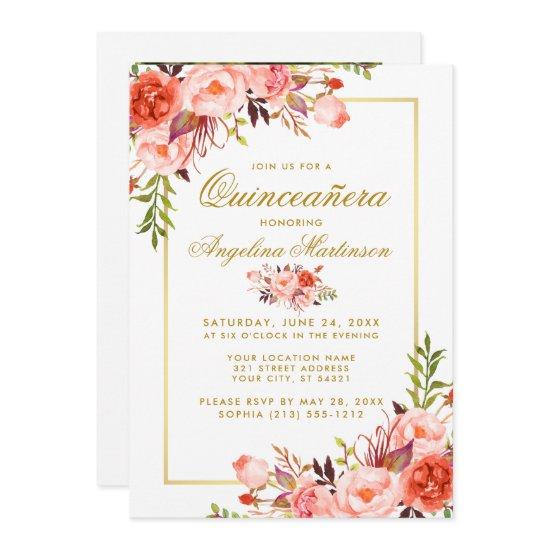 Watercolor Coral Floral Quinceanera Gold Photo