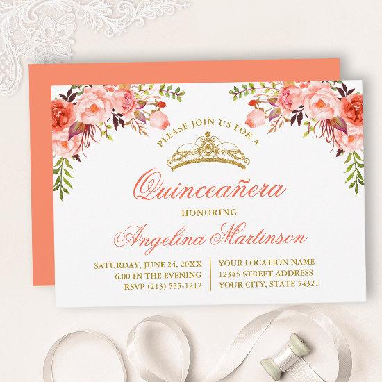 Watercolor Coral Floral Quinceanera Party