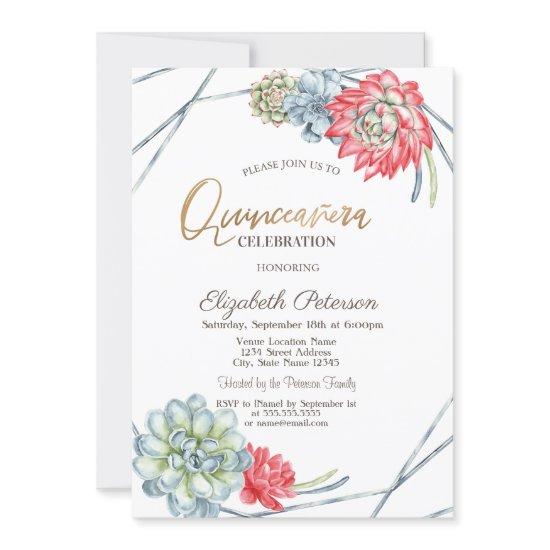 Watercolor Desert  Red Succulents Quinceañera
