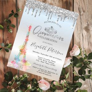 Watercolor Eiffel Tower,Drips Silver Quinceañera