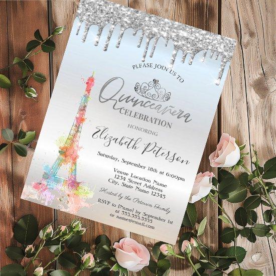 Watercolor Eiffel Tower,Drips Silver Quinceañera