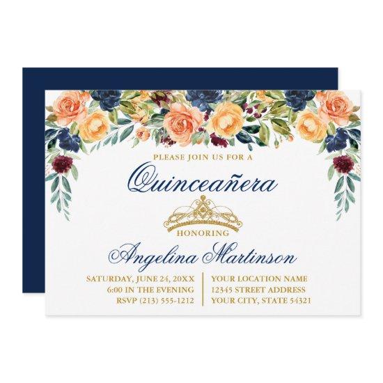 Watercolor Floral Blue Gold Quinceanera Party