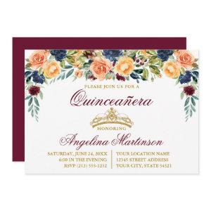 Watercolor Floral Burgundy Gold Quinceanera Party