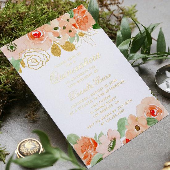 Watercolor Floral Glitter Modern Quinceañera Gold  Foil
