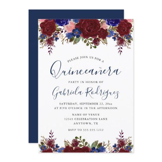 Watercolor Floral Navy Blue Marsala Quinceañera