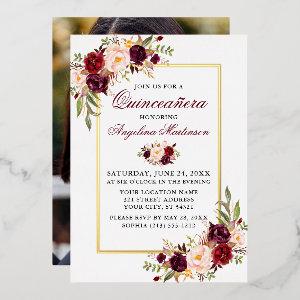 Watercolor Floral Photo Quinceanera Gold Foil