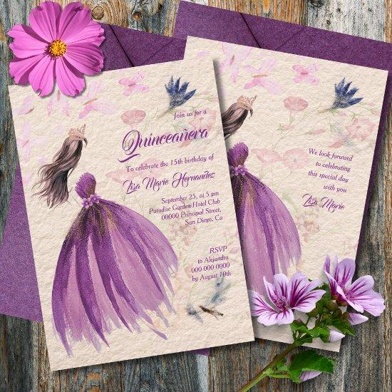 Watercolor Floral Violet Tones Quinceañera