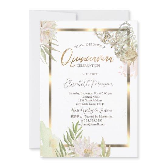 Watercolor Flowers Gold Frame Quinceañera