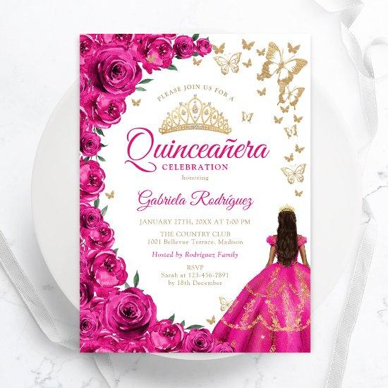 Watercolor Fuchsia Pink Roses Floral Quinceanera