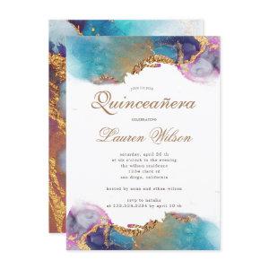 watercolor gold faux foil Quinceanera