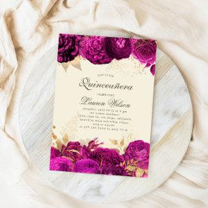 Watercolor Gold Pink Roses Quinceanera QR Code