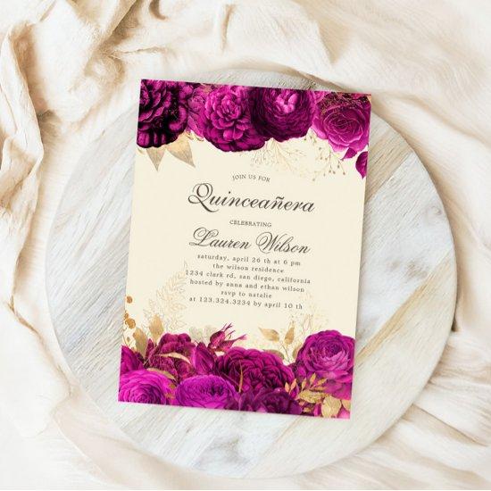 Watercolor Gold Pink Roses Quinceanera QR Code