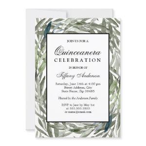 Watercolor Green Leaf Border Quinceanera Invite
