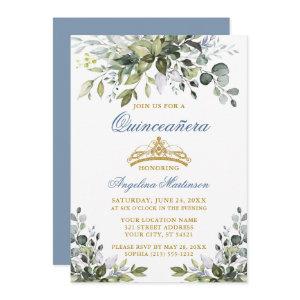 Watercolor Greenery Dusty Blue Gold Quinceañera