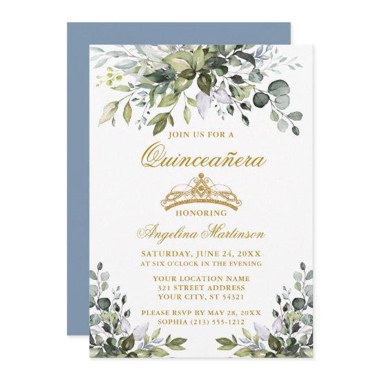 Watercolor Greenery Dusty Blue Quinceañera Gold