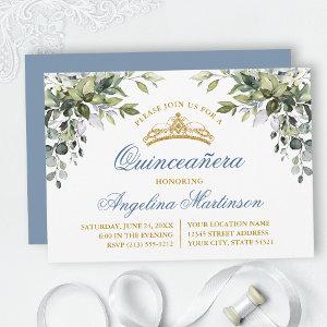 Watercolor Greenery Dusty Blue Quinceanera Party