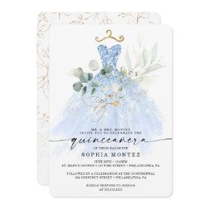 Watercolor Greenery Gold Quinceañera Birthday Invi