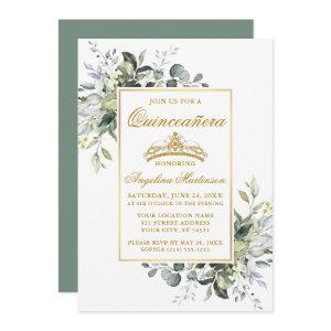 Watercolor Greenery Gold Sage Green Quinceanera