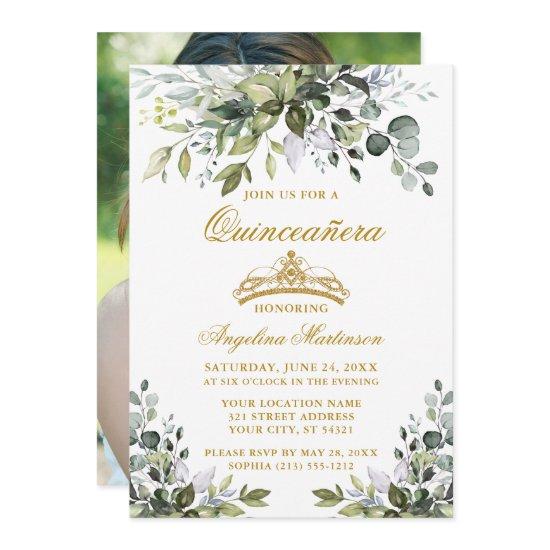 Watercolor Greenery Quinceañera Gold Photo Back