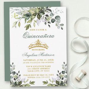 Watercolor Greenery Quinceañera Sage Green Gold