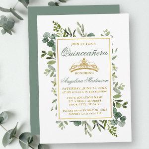Watercolor Greenery Quinceanera Sage Green Gold