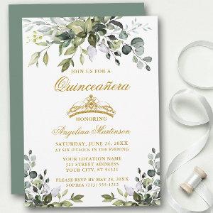 Watercolor Greenery Sage Green Quinceañera Gold