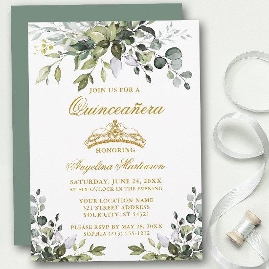 Watercolor Greenery Sage Green Quinceañera Gold