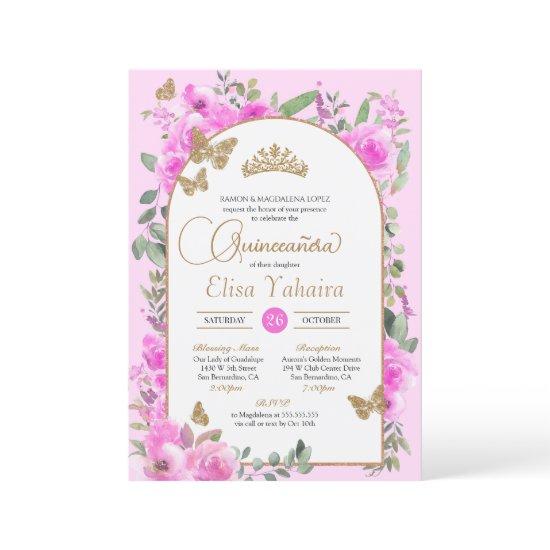 Watercolor Hot Pink Gold Butterfly Quinceañera