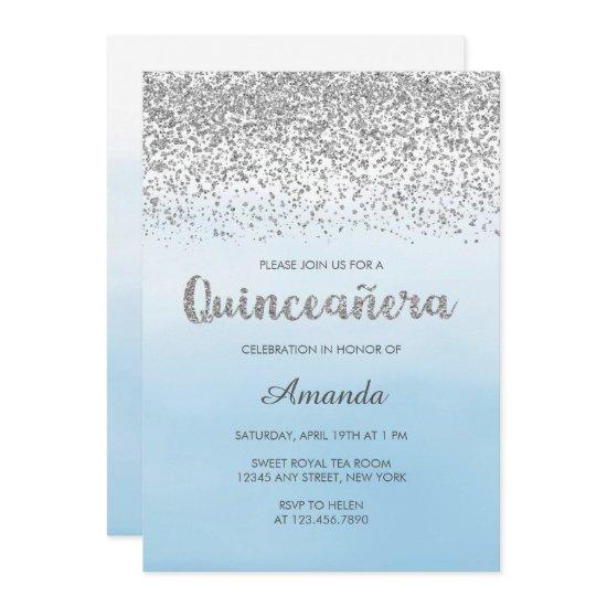 Watercolor Light Blue and Silver Glam Quinceañera