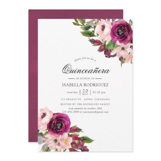 Watercolor Marsala and Blush Floral Quinceañera