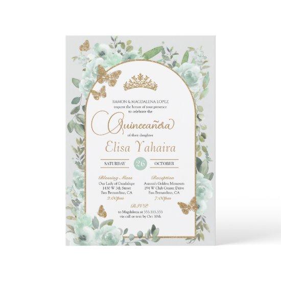 Watercolor Mint Green Floral Butterfly Quinceañera