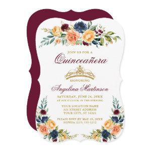 Watercolor Mixed Floral Burgundy Quinceanera