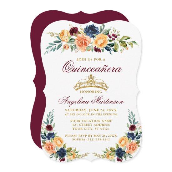 Watercolor Mixed Floral Burgundy Quinceanera